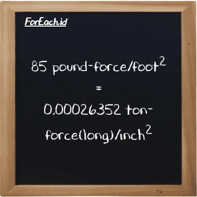 85 pound-force/foot<sup>2</sup> is equivalent to 0.00026352 ton-force(long)/inch<sup>2</sup> (85 lbf/ft<sup>2</sup> is equivalent to 0.00026352 LT f/in<sup>2</sup>)